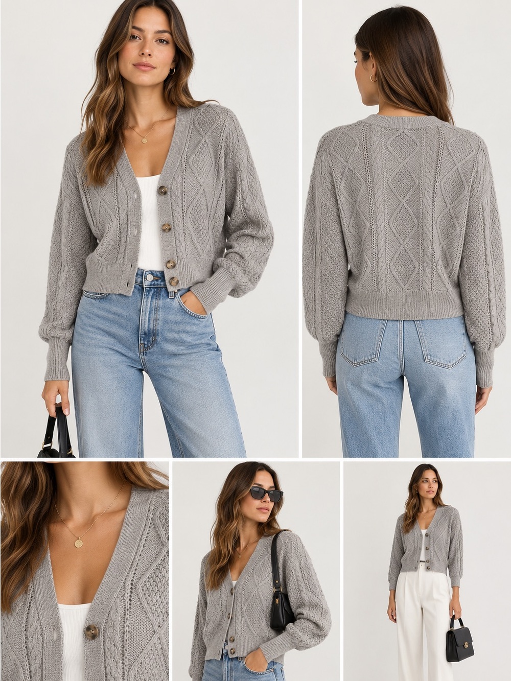 Rachel Zoe Gray Diamond Cable Knit Button-Front Cardigan